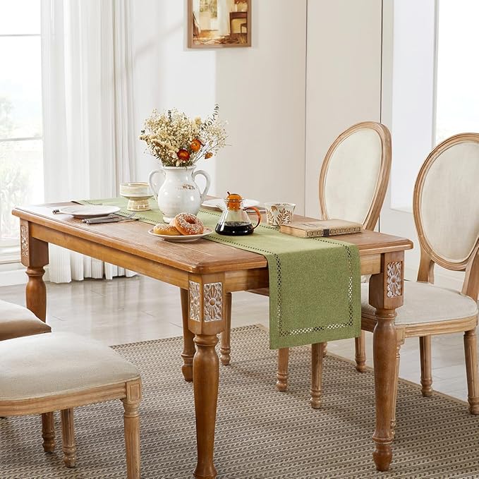 Burlap Style Farmhouse Table Runner, 13 x 36 Inch Sage Green, Rustic Geometric Hollow Table Runners 36 Inches Long for Dresser Table Everyday Use, 13x36 Inches, Sage Green