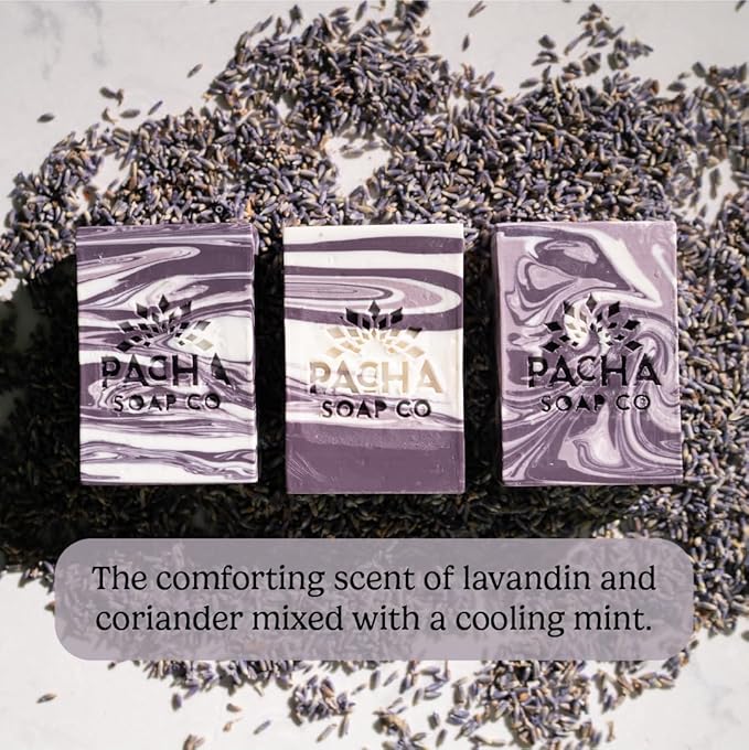 Pacha French Lavender Bar Soap 3 Pack | Premium, Handcrafted with Hydrating Coconut Milk | Natural Face Wash, Hand Cleanser, Body Wash | Soothing with Essential Oils | 4 oz