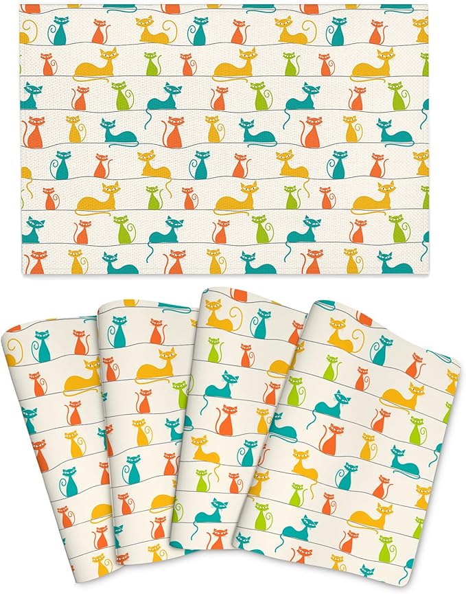 Mid Century Modern Cats Placemats Set of 4, Linen 12"x18" Cute Place Table Mat Washable Heat Resistant for Kitchen Dining Holiday Party Home Decor