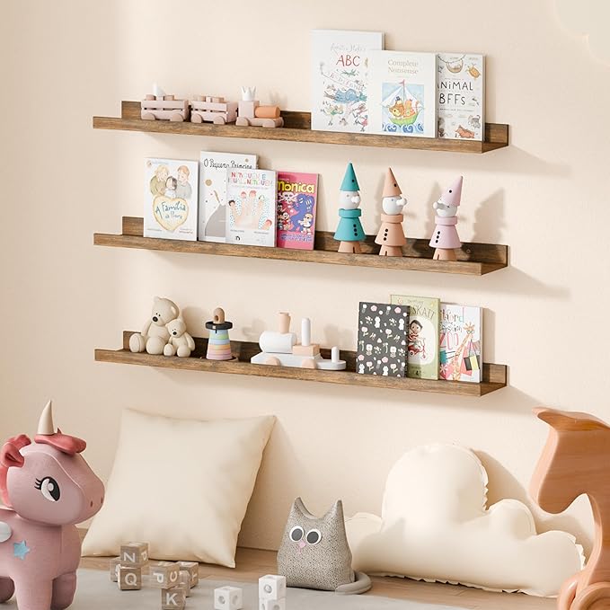 upsimples Floating Shelves for Wall, Wall Shelves for Decor Storage Set of 6, Wall Mounted Wood Shelves for Bedroom, Living Room, Bathroom, Kitchen, 35.5 inch Long Picture Ledge Shelves, Brown