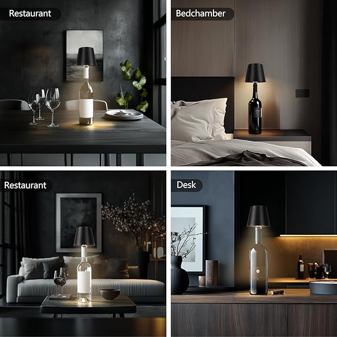 3600mAh Wine Bottle Lamp, 2025 New 3 Color Rechargeable Wireless Bottle Lamp for Liquor Bottles with Touch Dimming for Parties, Restaurants & Home Decor (Black)