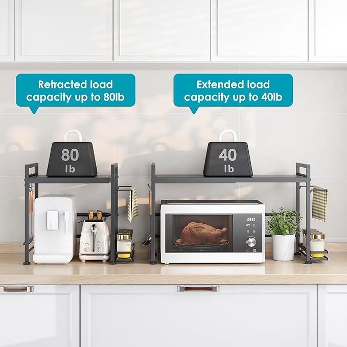 DOLALIKE Microwave Oven Rack, Expandable Microwave Stand Countertop Kitchen Utensils Tableware Storage, Carbon Steel Over Microwave Shelf Countertop with 6 Hooks