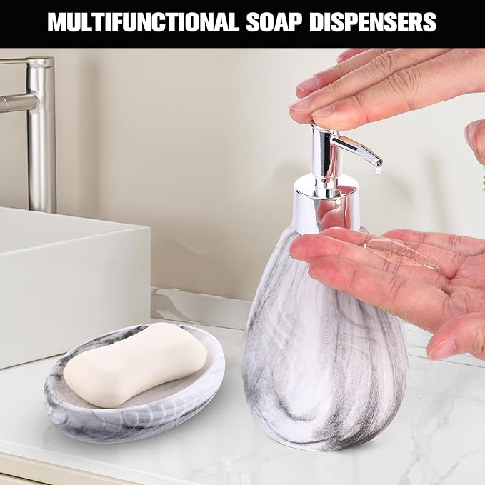 Ceramic Soap Dispenser and Soap Dish Set, Marbled Elegant Bathroom Decor with Non-Slip Base, Modern Hand Wash Bottle & Soap Tray for Bathroom Sink Countertop, Kitchen, Spa (White)
