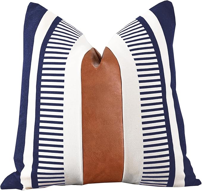 Boho Stripe Throw Pillow Cover 20x20 Decorative Couch Pillow Case,Faux Leather Modern Accent Cushion Cover for Sofa Bed Chair- Rustic Farmhouse Decor, Navy Blue