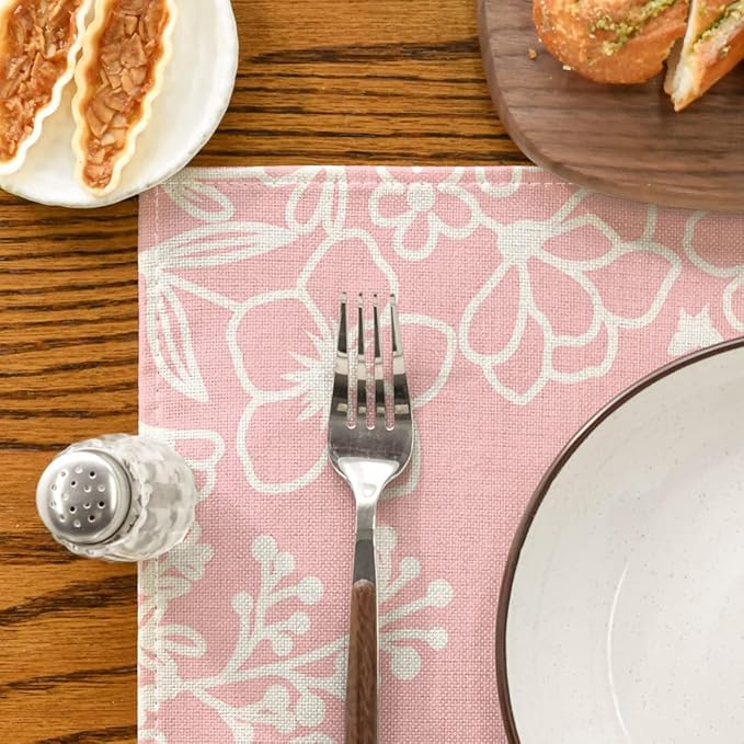 Artoid Mode Pink Bloom Flowers Summer Placemats Set of 4, 12x18 Inch Seasonal Spring Table Mats for Party Kitchen Dining Pink Decoration