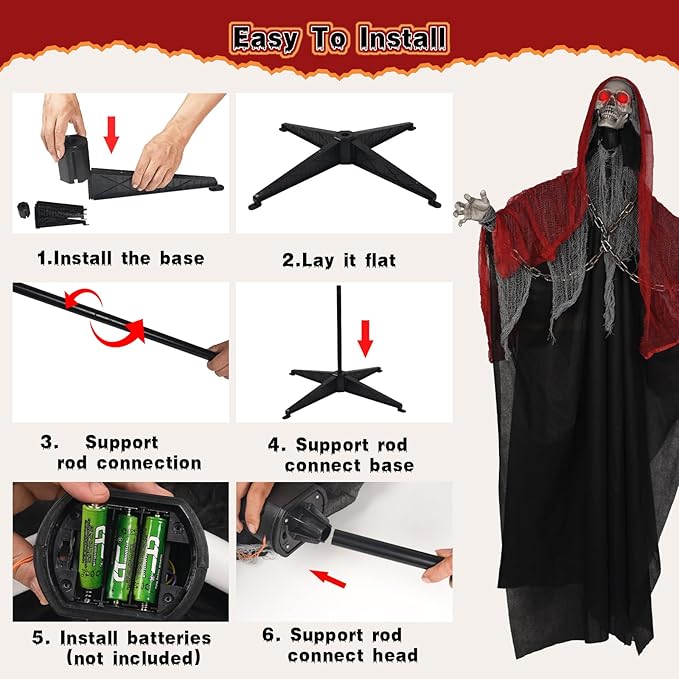71'' Life Size Halloween Decorations, Halloween Skeleton with Light-Up Eyes & Sound Adjustable Arms Swaying Body Voice/Touch Sensing, Halloween Animatronics for Indoor/Outdoor Yard Lawn Decor, black