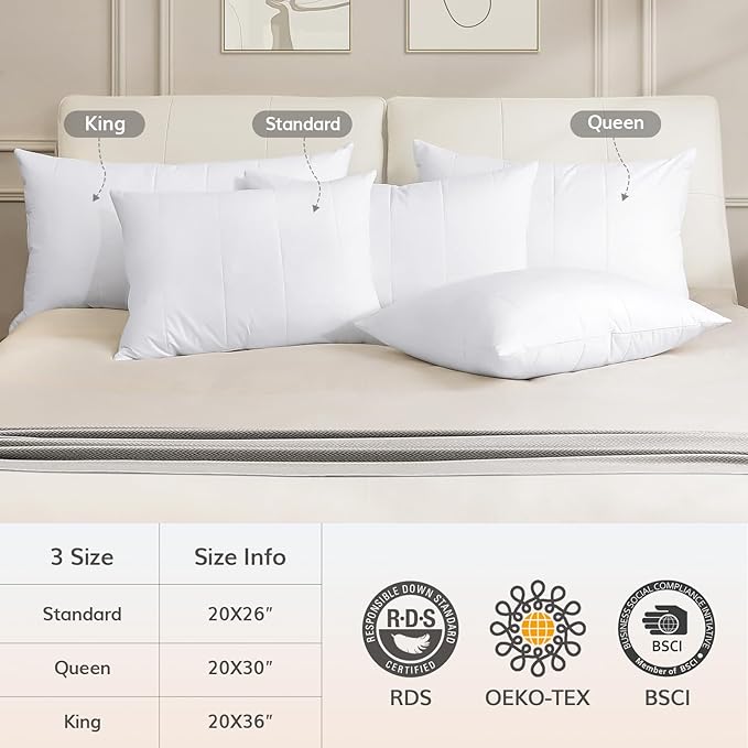 SAVORI Pack of 2 Goose Down Feather Pillows with 100% Cotton Cover, Soft Hotel Bed Pillow for Sleeping, Cooling Pillow for Back, Stomach or Side Sleepers, Standard Size-White 20x26 Inch