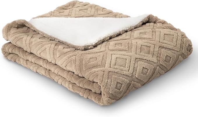 EVERGRACE Jacquard Boho Sherpa Fleece Throw Blanket for Couch, Super Soft Cozy Fuzzy Plush Blankets for Winter, Reversible Thick Warm Blanket for Bed, Sofa, Living Room, Khaki Tan, 108" x 90"