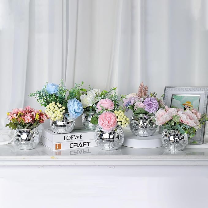 Disco Ball Planter, Disco Ball Vase, Flower Pot Containers with Silver Mirror Glass for Wedding, Birthday, Party, Bar, Office (Silver, 3 * 4 * 4 inch)