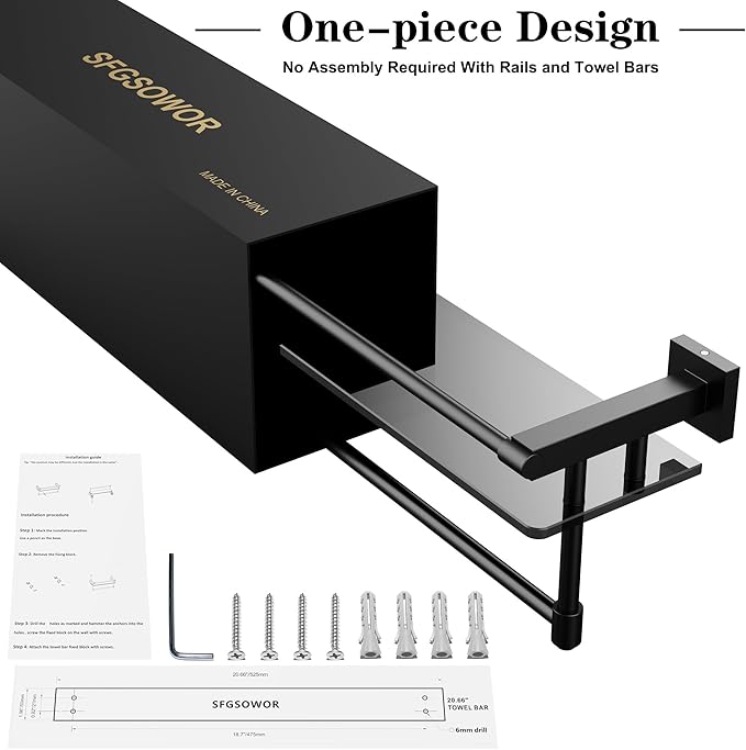 Glass Shelf for Bathroom 20 Inch Bathroom Shelves with Towel Bar Tempered Glass Shelves with Stainless Steel Towel Holder for Wall (All Matte Black)