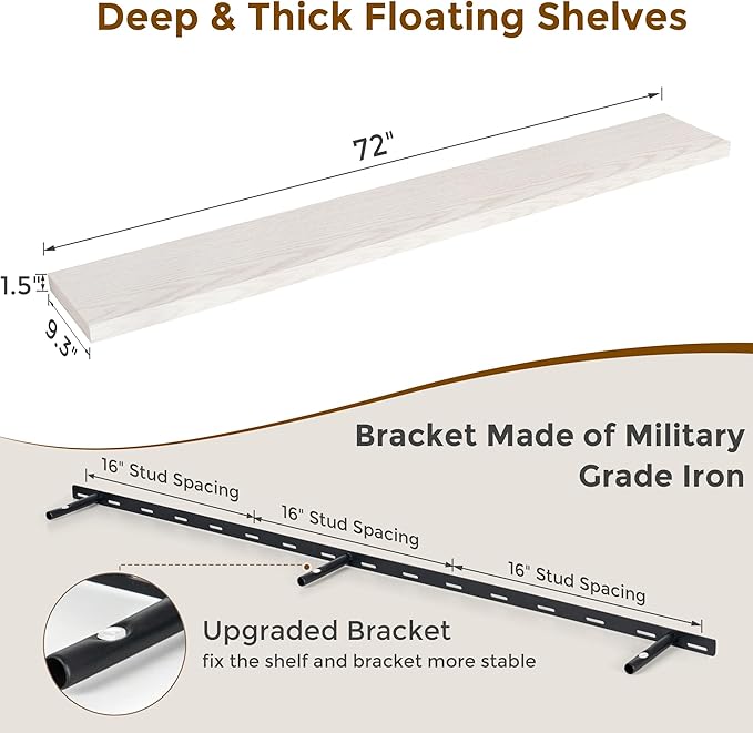 Brich Floating Shelves 72 Inch Long, 9.3" Deep Shelves Wall Mounted, 72"x9.3" Fireplace Mantel, Deep Storage Shelves for Home & Office, Rustic Large TV Stand - 9.3" D x 72" W x 1.5" H, 1 Pack