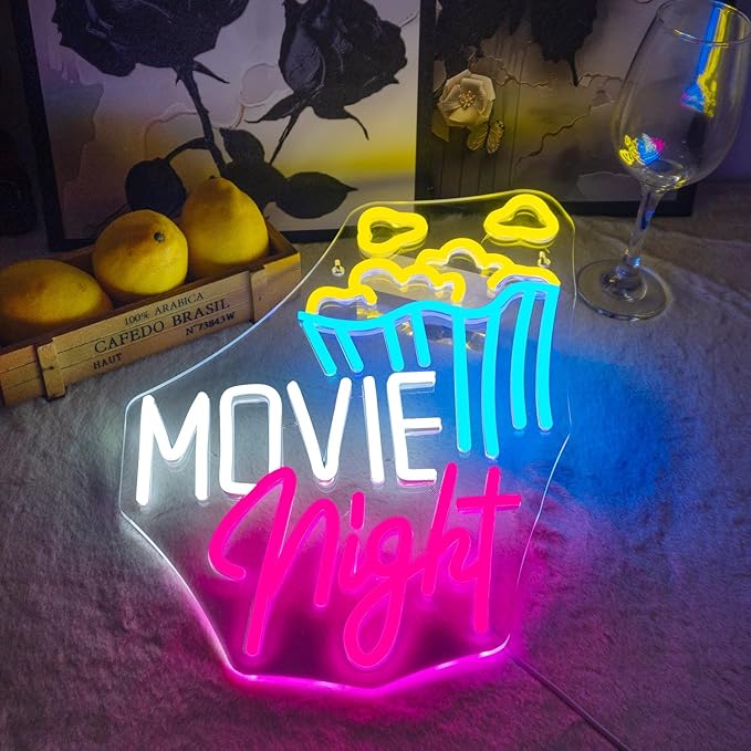 Lucunstar Movie Night With Popcorn Neon Sign, Room Lights for Wall Decor, Dimmable USB Neon Lights for Party, Theater Decor for Home