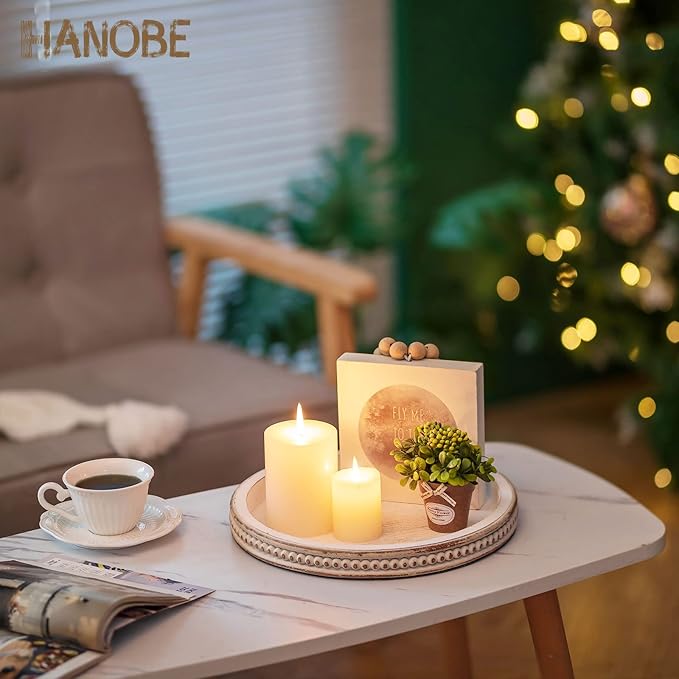 Hanobe Decorative Serving Tray Wood: White Washed Bead Round Tray Decor for Coffee Table Rustic Wooden Trays Farmhouse Centerpiece for Living Room Kitchen Counter