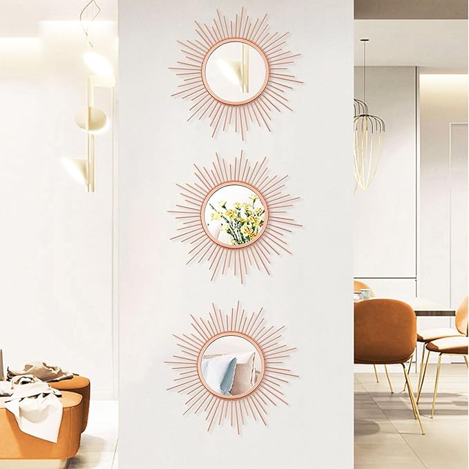 3 Pack Metal Mirrors for Wall Sunburst Wall Mirrors Home Décor Decorative Hanging Wall Art for Living Room Bedroom Entryway (Rose Gold, Sunburst)