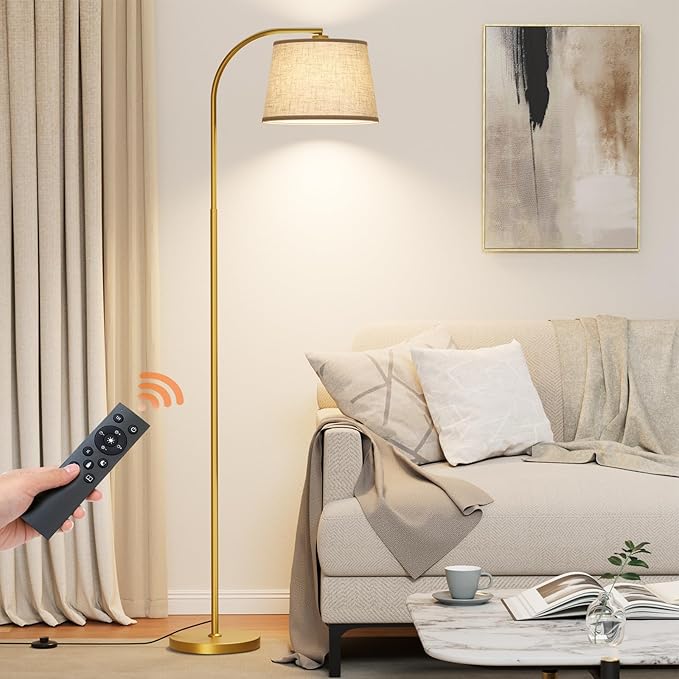 Arc Floor Lamps for Living Room, Modern Floor Lamp with Remote Control and Stepless Dimmable 9W Bulb Included, Gold Tall Standing Lamp with Adjustable Linen Shade for Bedroom Office
