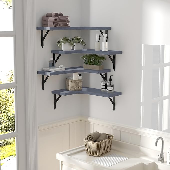 Corner Floating Shelves Wall Mounted Set of 4, Rustic Wood Storage Display Wall Shelves for Home Decor, Bathroom, Kitchen, Bedroom, Living Room, Office (Grey)