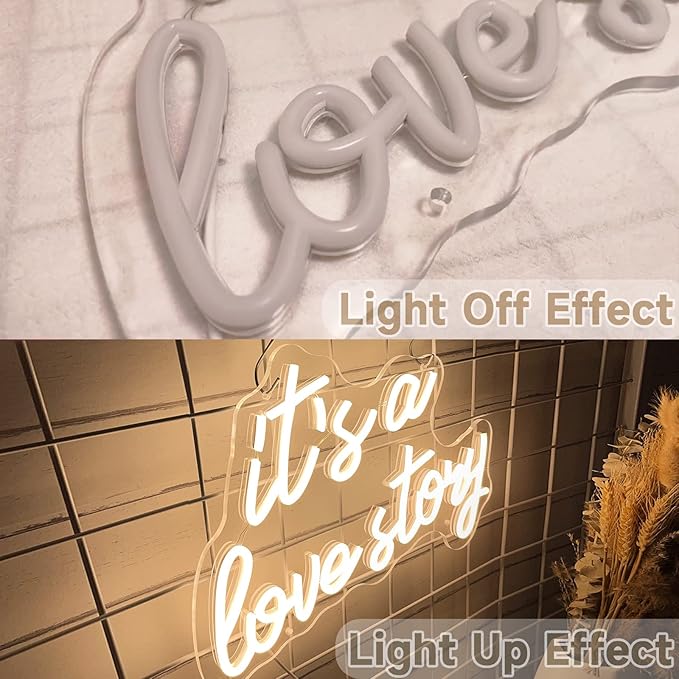 Its a Love Story Neon Sign, white USB Led Light Up Signs for Bedroom Aesthetic Birthday Wedding Party Gift Boyfriend Girlfriend Lover Women Men Room Bathroom Decoration Gift, 15.7 x 11.8 Inch