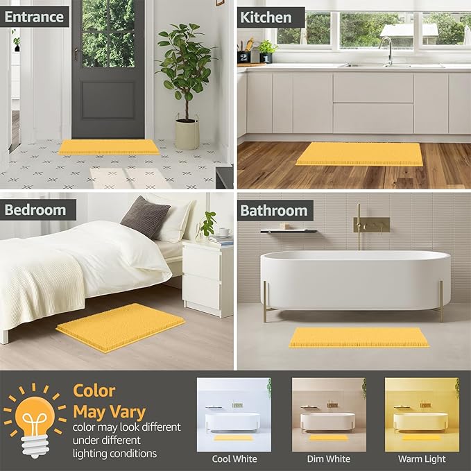 LuxUrux 2 piece Bathroom Rug Set - Premium Plush Bath Mat Shower Rugs, 1" Chenille Microfiber, Non-Slip & Absorbent, Soft & Cozy, Durable Stylish (20x30 & 16x24 inches, Yellow)