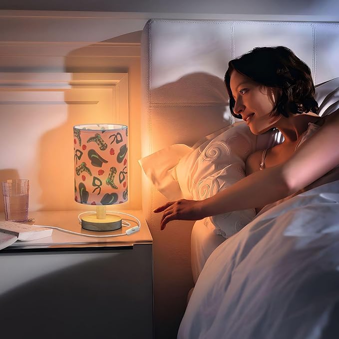Table Lamp Retro Cowgirl Pattern Cowboy Hat Boot Bandanas Rose Nightstand Lamp with Wood Base Fabric Lamp Shade Bedside Desk Lamp for Living Room Bedroom Kids Room Office