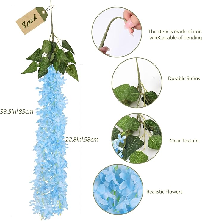 Artificial Lilac Flowers Garland 8Pcs-24Branches 33.5in Fake Syringa Wisteria Vines Faux Silk Lilac Hanging Floral Decoration for Indoor Outdoor Wedding Arch Birthday Party Garden Balcony (Blue)