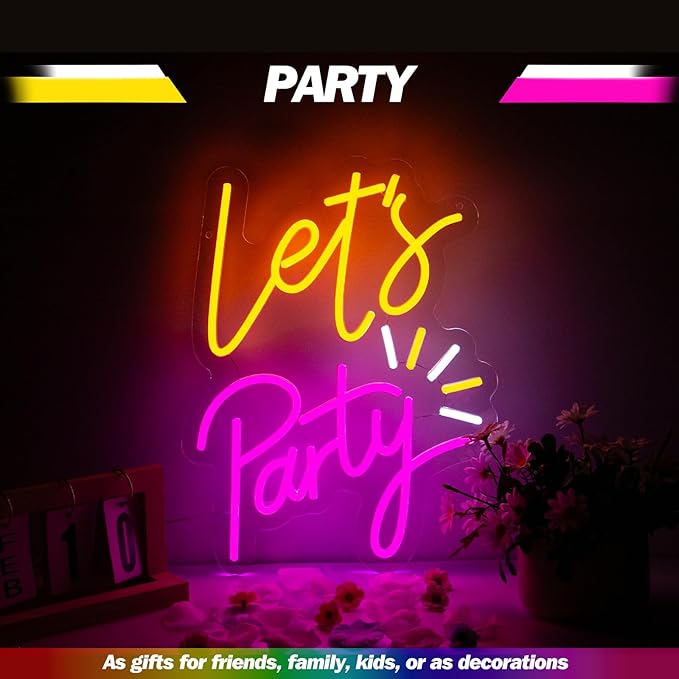 Goneons Let's Party Neon Sign for Wall Decor, USB Powered Lets Party Neon Light Sign with Dimmable Switch, LED Light for Birthday, Wedding, Bachelorette, Engagement Decor