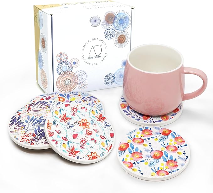 AD Set of 6 Coasters for Drinks Absorbing Round Ceramic Stone Coaster with Cork Base Tabletop Protection Mat for Mugs and Cups,Office,Kitchen (Watercolor Flowers with Rose Gold Holder)