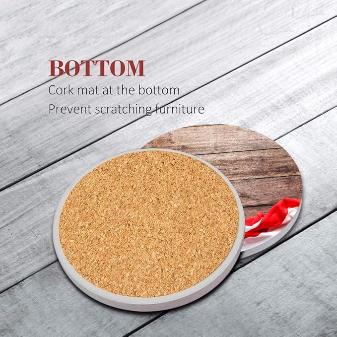 Britimes Coaster for Drinks Set of 6, United States Wooden American Flag Absorbent Round Ceramic Stone Mat, with Cork Base and Metal Holder, Gift for Housewarming Room Bar Decor