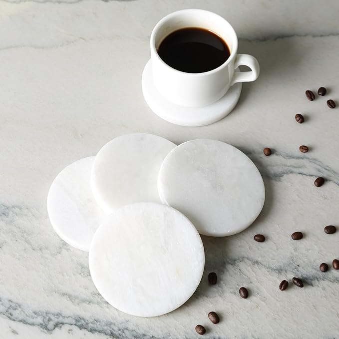 Koville Round Marble Coasters Set of 6 for Coffee Table, 3.9" Inches Handmade Coaster, Luxury Aesthetic Modern Drink Coaster for Table Décor Home Décor, White Cup Coasters for Dining, Bar or Office