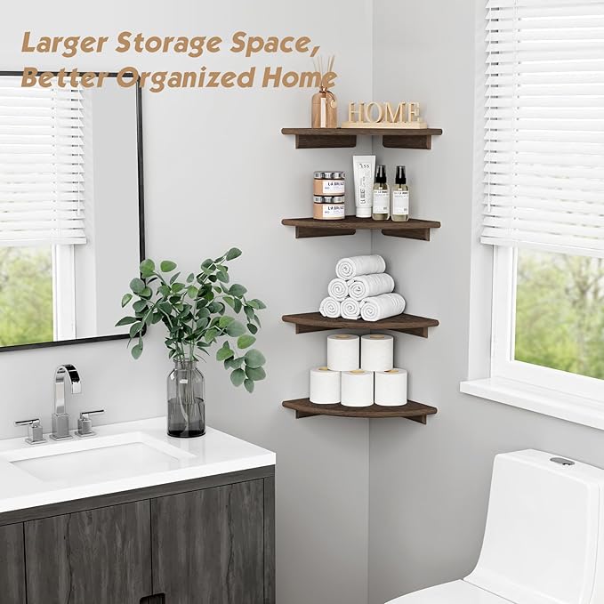 Forbena Large Corner Floating Shelves Set of 4, 12 Inch Deep Wall Mounted Corner Shelves for Bedroom, Livining Room (Rustic Brown)