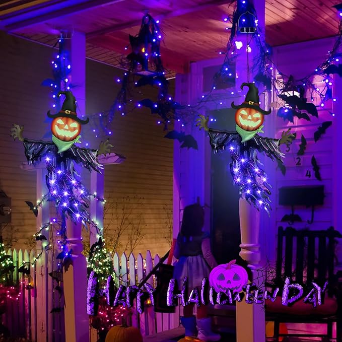 ILLUMINEW Solar Halloween Metal Hanging Decorations Outdoor, Solar Powered Lighted Metal Pumpkin with Glowing Eyes for Halloween Outdoor Tree, Wall, Porch, Patio Decor (Pumpkin)
