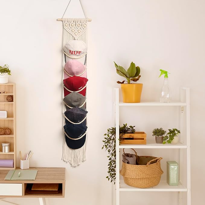 Ball Cap Hanger-1 Pack-Boho Macrame Cap Holder Wall Hat Organizer for Baseball Cap Holder Over Door, Hat Rack for Wall, Cap Rack for Decoration and Display,