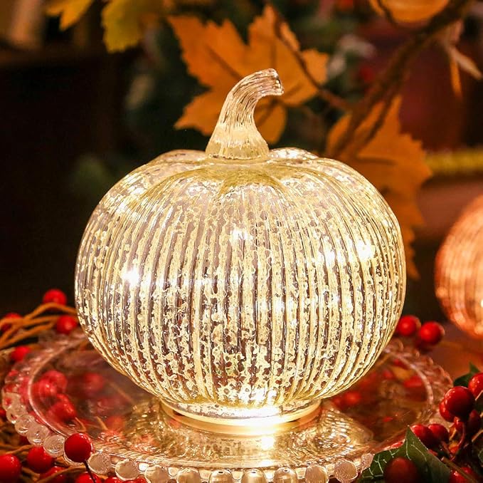 Mercury Glass Light up Pumpkin with Timer- Fall Decoration for Home-Lamps for Festive Decoration-Thanksgiving Pumpkin Decoration (Silver)