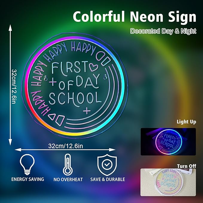 First Of Day School Neon Sign Student Classroom Neon Lights For Wall Decor Dimmable Colorful Light Up Sign For Bedroom Library Classroom Reading Study Room Decoration Boy Girls Gifts
