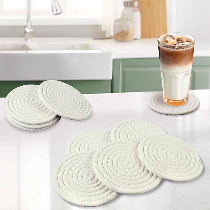 Vivinin 10 Psc Cotton Absorbent Boho Coasters for Drinks, Woven Cup Set, Beige, 4.3inch - Room Decor, Bar, Housewarming Gift