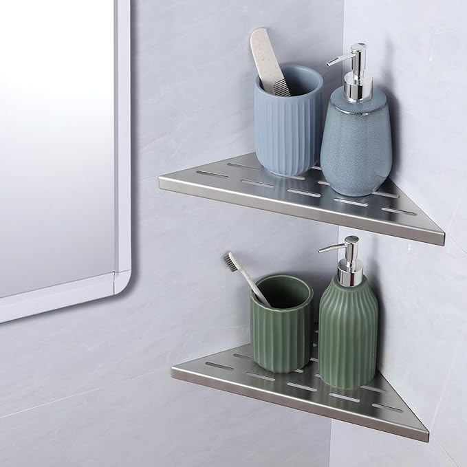 10" Corner Shower Shelf, 2-Pack Bathroom Shelves for Tile Walls, SUS304 Stainless Steel Recessed Shower Shelf, Grout in Corner Organizer Shelves, Brushed Silver