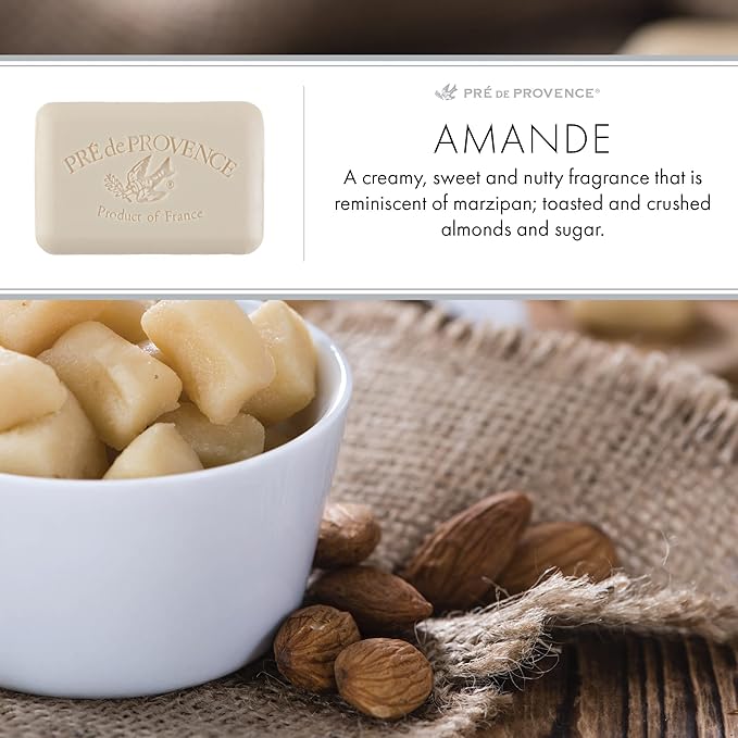 Pre de Provence Artisanal Soap Bar, Natural French Skincare, Enriched with Organic Shea Butter, Quad Milled for Rich, Smooth & Moisturizing Lather, Amande, 5.3 Ounce