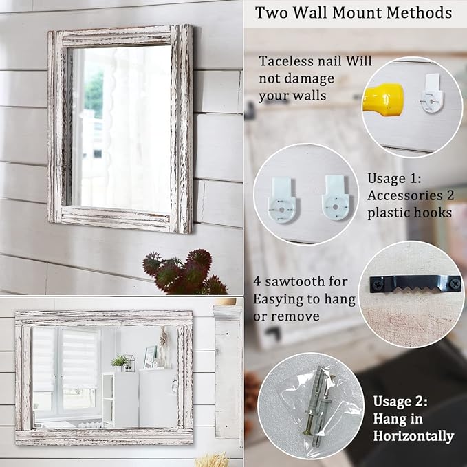 AAZZKANG Rustic Wall Mirror Rectangle Wood Framed Mirrors Large 20"x16" Decorative for Bedroom Bathroom Living Room Farmhouse Home Entryway Hanging White