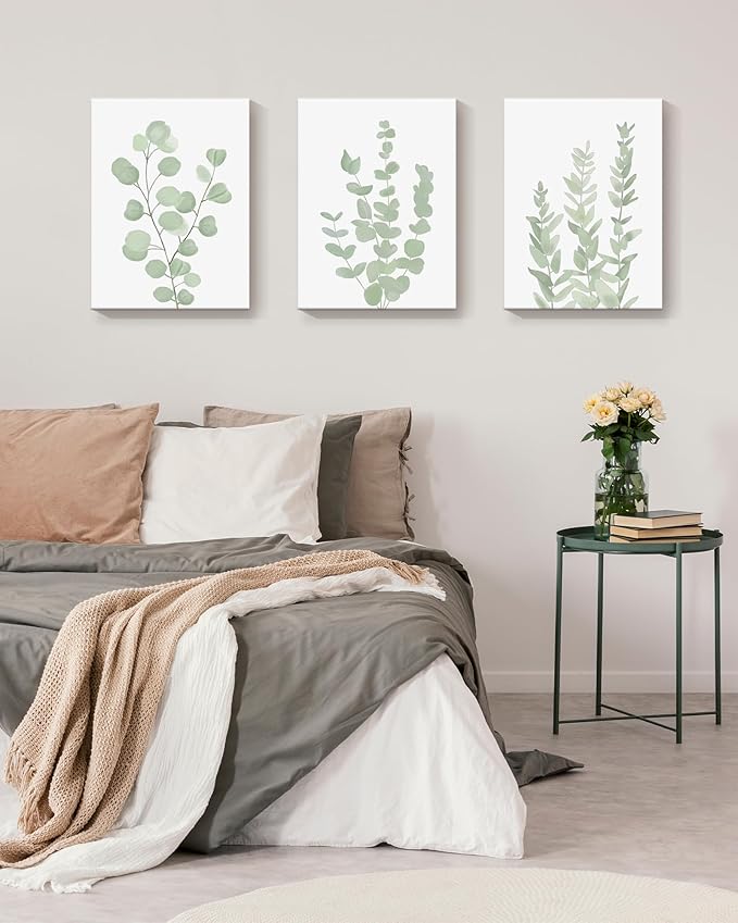 Botanical Eucalyptus Canvas FRAMED Wall Art,Boho Plant Wall Decor for Bedroom,Minimalist Prints for Living Room,Light Green Botanical Art Painting for Bathroom,Set of 3,12”x 16”