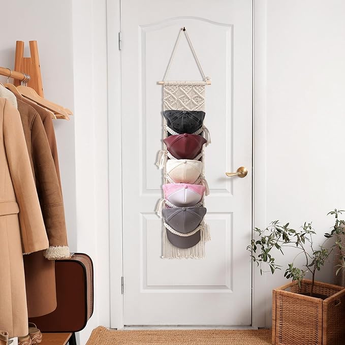 2 Pcs Baseball Cap Holder, Boho Macrame Hat Organizer for Wall, over the Door Hat Rack for Decoration and Display Handmade Hanger for Baseball Holder up to 20 Caps(White)