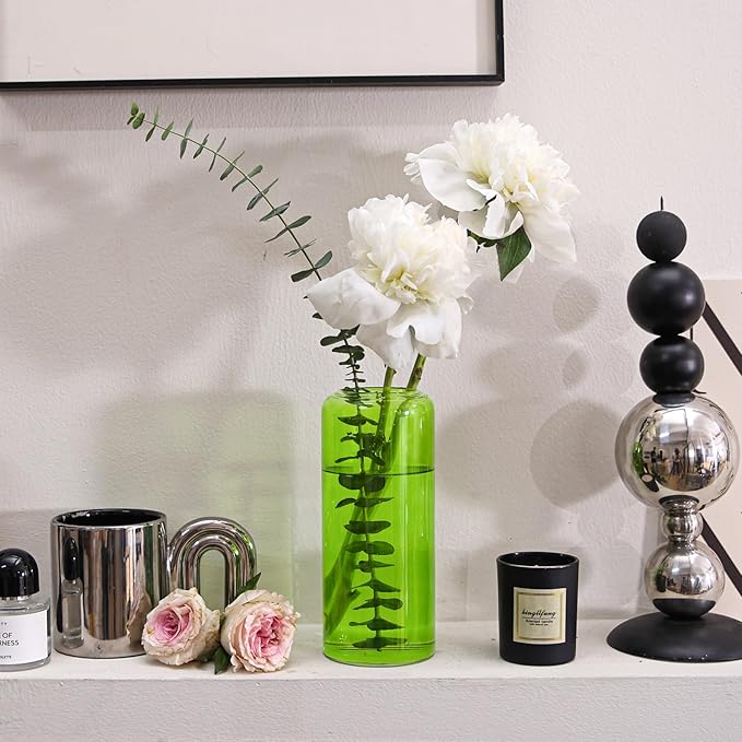 ComSaf Glass Flower Vase, 8 Inch Tall Bud Vases, Home Decor Vases for Centerpiece for Living Room and Bedroom, Decorative Vases for Wedding, Valentines' Day, Mother's Day (Green)