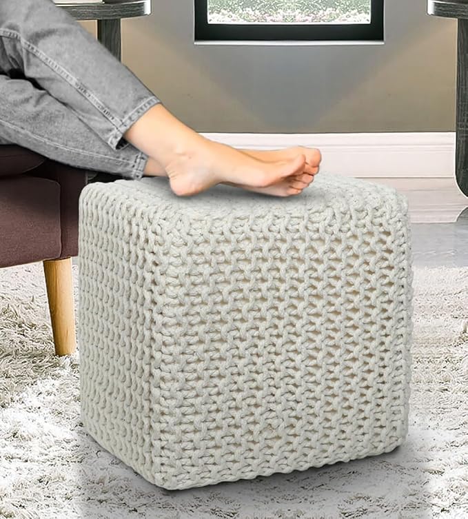 COTTON CRAFT Braided Cube Pouf - Hand Knitted Cotton Cord Cable Dori Ottoman - Foot Stool - Floor Pouf - Footrest - Portable Lightweight Accent Seat - Living Room Bedroom Dorm - 15 x 15 Square - Ivory