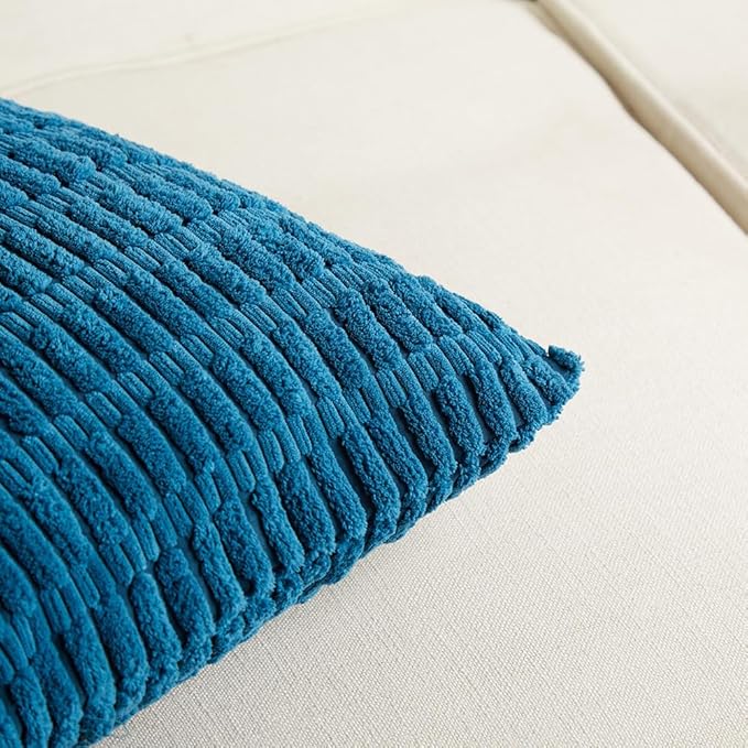 Fancy Homi 4 Packs Teal Lumbar Decorative Throw Pillow Covers 14x24 Inch for Living Room Couch Bed Sofa, Farmhouse Boho Home Decor, Soft Striped Corduroy Rectangle Cushion Case 35x60 cm