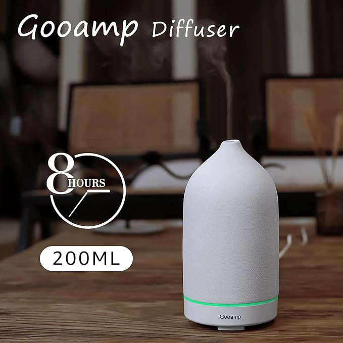 200ML Ceramic Diffuser,Aromatherapy Diffuser,Essential Oil Diffuser with 7 Color Lights Auto Shut Off for Home Office Room,White (1/3/6/ON hrs Working time)