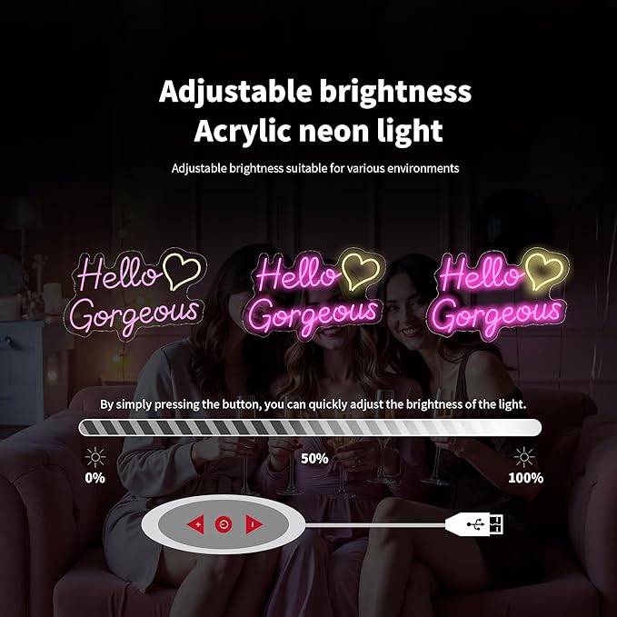 Hello Gorgeous Neon Signs for Wall Decor, for Sign with Dimmable Switch - for Girls Bedroom, Makeup Room Decor Home Wedding Birthday Backdrop (Pink,16in)