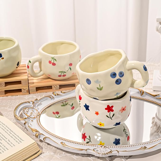 4 Pcs Ceramic Coffee Mugs Set of 4, 10 oz Hand Painted Floral Mug Cute Flower Cup Aesthetic Latte Art Cups for Office and Home Vintage Tea Cup for Cappuccino, Cocoa, Espresso - Microwave Safe