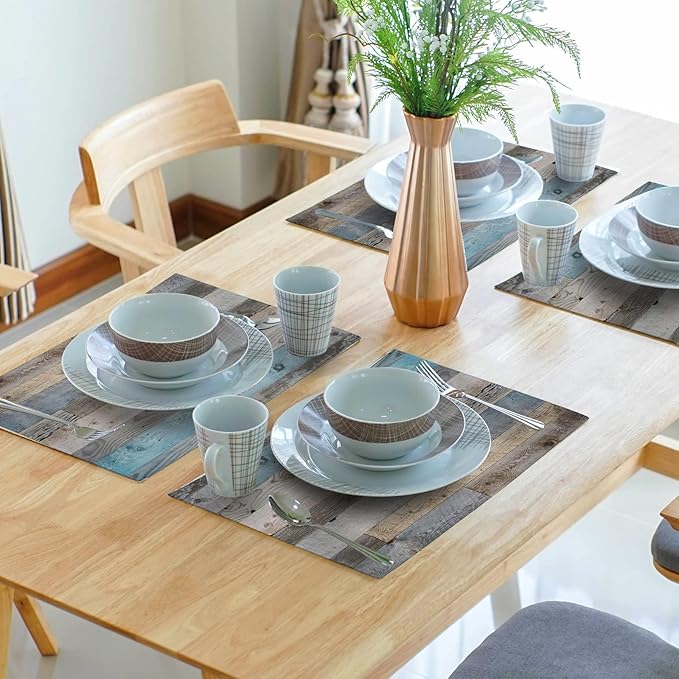 Giwawa Rustic Wood Grain Placemats Set of 4, Vintage Barn Wooden Linen Table Mat, Farmhouse Country Style Lodge Heat Resistant Washable Place Mats for Dining Kitchen Party Holiday Decor 12x18Inch