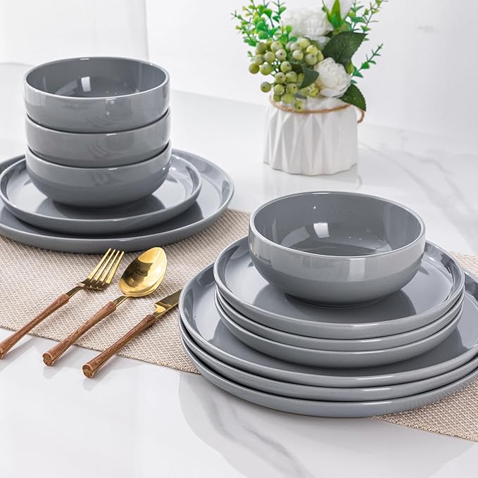 GBHOME Ceramic Dinnerware Set for 4, 12pcs Stoneware Plates and Bowls Sets, Handmade Chip and Scratch Resistant Dishes Set, Dishwasher & Microwave Safe