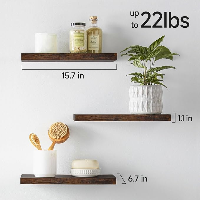 BAYKA Floating Shelves for Wall – Bathroom Shelves Rustic Wood with Metal Brackets for Bathroom, Bedroom, Kitchen, or Living Room Decor – Rustic Brown, Set of 3, Sturdy Storage with 22lb Capacity