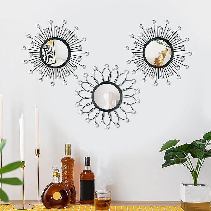 3 Pack Metal Mirrors for Wall Sunburst Wall Mirrors Home Décor Decorative Hanging Wall Art for Living Room Bedroom Entryway (Black Crystal, Flower+Sunburst)