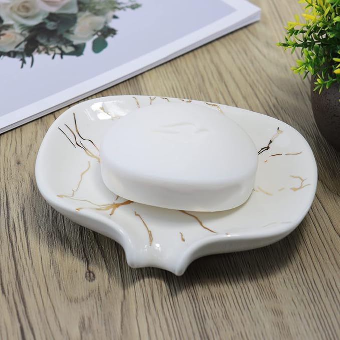 Gold Marble Texture Soap Dish Ceramic Soap Holder Self Draining Soap Dish Waterfall Slot Sponge Holder Bathroom Accessories for Bathroom, Kitchen,Bar Counter.
